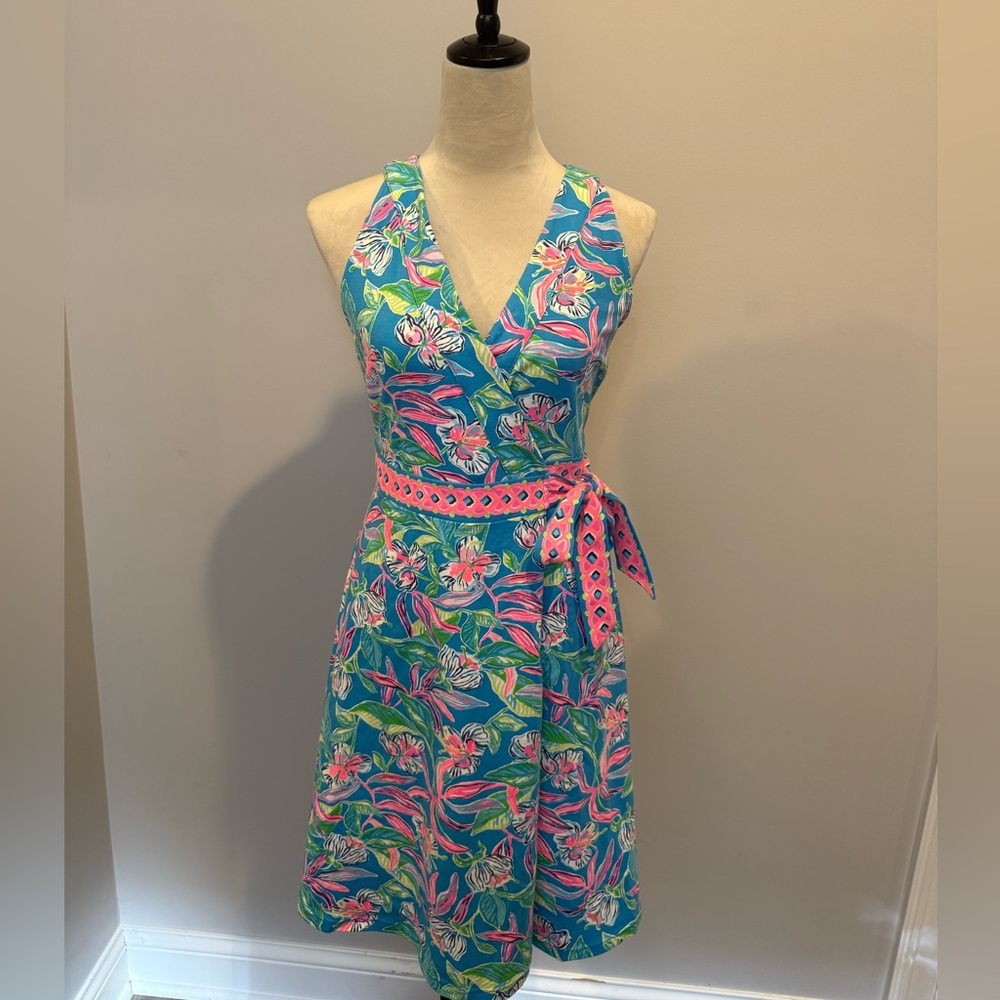 Lilly Pulitzer SzS Midi Wrap Dress-Blue/Pink; summer/break/derby; perfect cond